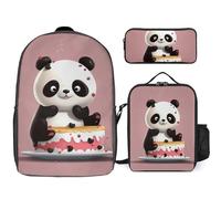 3 Piece Backpack for Women Men Lightweight Causal Daypack Shoulder Bag Set with Insulated Lunch Bag And Pencil Case Organizers Panda Cake