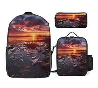 3 Piece Backpack for Women Men Lightweight Causal Daypack Shoulder Bag Set with Insulated Lunch Bag And Pencil Case Organizers Sunset