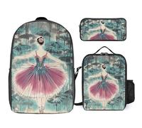 3 Piece Backpack for Women Men Lightweight Causal Daypack Shoulder Bag Set with Insulated Lunch Bag And Pencil Case Organizers Classical Ballet Elegant Ballerina
