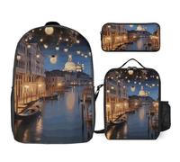 3 Piece Backpack for Women Men Lightweight Causal Daypack Shoulder Bag Set with Insulated Lunch Bag And Pencil Case Organizers Beautiful Venice at Night