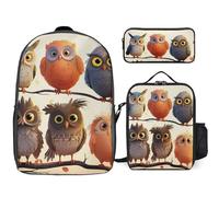 3 Piece Backpack for Women Men Lightweight Causal Daypack Shoulder Bag Set with Insulated Lunch Bag And Pencil Case Organizers Owls Birds