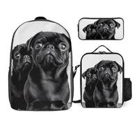 3 Piece Backpack for Women Men Lightweight Causal Daypack Shoulder Bag Set with Insulated Lunch Bag And Pencil Case Organizers Cute Black Pug Dog