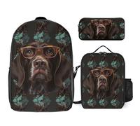 3 Piece Backpack for Women Men Lightweight Causal Daypack Shoulder Bag Set with Insulated Lunch Bag And Pencil Case Organizers German Shorthaired Pointer In Glasses