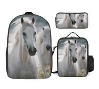 3 Piece Backpack for Women Men Lightweight Causal Daypack Shoulder Bag Set with Insulated Lunch Bag And Pencil Case Organizers White Horses