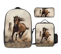 3 Piece Backpack for Women Men Lightweight Causal Daypack Shoulder Bag Set with Insulated Lunch Bag And Pencil Case Organizers Animals Horse Running