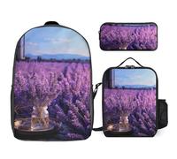 3 Piece Backpack for Women Men Lightweight Causal Daypack Shoulder Bag Set with Insulated Lunch Bag And Pencil Case Organizers Romantic Lavender