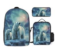 3 Piece Backpack for Women Men Lightweight Causal Daypack Shoulder Bag Set with Insulated Lunch Bag And Pencil Case Organizers Polar Bears Northern Lights_