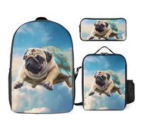 3 Piece Backpack for Women Men Lightweight Causal Daypack Shoulder Bag Set with Insulated Lunch Bag And Pencil Case Organizers Funny Turtle Pug Dog In The