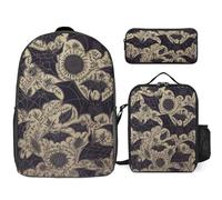 3 Piece Backpack for Women Men Lightweight Causal Daypack Shoulder Bag Set with Insulated Lunch Bag And Pencil Case Organizers Bat Pattern