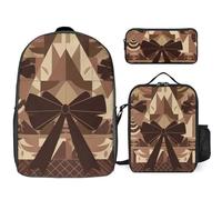 3 Piece Backpack for Women Men Lightweight Causal Daypack Shoulder Bag Set with Insulated Lunch Bag And Pencil Case Organizers Dark Brown Bow