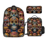 3 Piece Backpack for Women Men Lightweight Causal Daypack Shoulder Bag Set with Insulated Lunch Bag And Pencil Case Organizers Colorful Sugar Skulls
