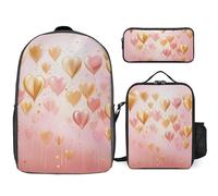 3 Piece Backpack for Women Men Lightweight Causal Daypack Shoulder Bag Set with Insulated Lunch Bag And Pencil Case Organizers Golden Heart in The