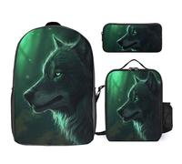 3 Piece Backpack for Women Men Lightweight Causal Daypack Shoulder Bag Set with Insulated Lunch Bag And Pencil Case Organizers Green Wolf