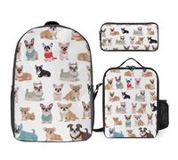 3 Piece Backpack for Women Men Lightweight Causal Daypack Shoulder Bag Set with Insulated Lunch Bag And Pencil Case Organizers Cute Chihuahua Pug Pattern