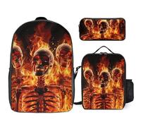3 Piece Backpack for Women Men Lightweight Causal Daypack Shoulder Bag Set with Insulated Lunch Bag And Pencil Case Organizers Fire Skeletons