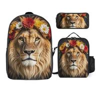 3 Piece Backpack for Women Men Lightweight Causal Daypack Shoulder Bag Set with Insulated Lunch Bag And Pencil Case Organizers African Lion Wearing A Flower on Its Head