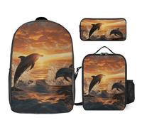 3 Piece Backpack for Women Men Lightweight Causal Daypack Shoulder Bag Set with Insulated Lunch Bag And Pencil Case Organizers Dolphins Jumping Out Of The Water At Sunset