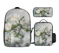 3 Piece Backpack for Women Men Lightweight Causal Daypack Shoulder Bag Set with Insulated Lunch Bag And Pencil Case Organizers White Flowers And Green Leaves