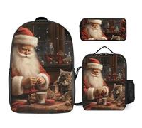 3 Piece Backpack for Women Men Lightweight Causal Daypack Shoulder Bag Set with Insulated Lunch Bag And Pencil Case Organizers Christmas Santa Claus Sewing Tree Cat