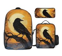 3 Piece Backpack for Women Men Lightweight Causal Daypack Shoulder Bag Set with Insulated Lunch Bag And Pencil Case Organizers Crow