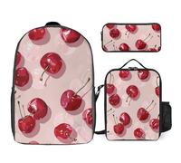 3 Piece Backpack for Women Men Lightweight Causal Daypack Shoulder Bag Set with Insulated Lunch Bag And Pencil Case Organizers With Cherry Pattern
