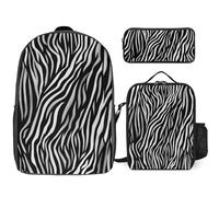 3 Piece Backpack for Women Men Lightweight Causal Daypack Shoulder Bag Set with Insulated Lunch Bag And Pencil Case Organizers Zebra Print