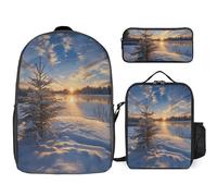 3 Piece Backpack for Women Men Lightweight Causal Daypack Shoulder Bag Set with Insulated Lunch Bag And Pencil Case Organizers Peaceful Winter Scenery, Style, One Size