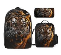3 Piece Backpack for Women Men Lightweight Causal Daypack Shoulder Bag Set with Insulated Lunch Bag And Pencil Case Organizers Ferocious Tiger