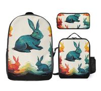 3 Piece Backpack for Women Men Lightweight Causal Daypack Shoulder Bag Set with Insulated Lunch Bag And Pencil Case Organizers Rainbow Rabbit
