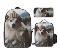 3 Piece Backpack for Women Men Lightweight Causal Daypack Shoulder Bag Set with Insulated Lunch Bag And Pencil Case Organizers Hedgehog And Dog, Style, One Size