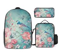 3 Piece Backpack for Women Men Lightweight Causal Daypack Shoulder Bag Set with Insulated Lunch Bag And Pencil Case Organizers Flower And Bird Style