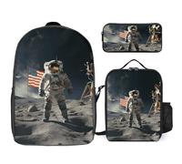 3 Piece Backpack for Women Men Lightweight Causal Daypack Shoulder Bag Set with Insulated Lunch Bag And Pencil Case Organizers Astronaut Landing on The Moon