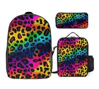 3 Piece Backpack for Women Men Lightweight Causal Daypack Shoulder Bag Set with Insulated Lunch Bag And Pencil Case Organizers Rainbow Leopard Print