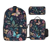 3 Piece Backpack for Women Men Lightweight Causal Daypack Shoulder Bag Set with Insulated Lunch Bag And Pencil Case Organizers Butterfly And Flowers, Style, One Size