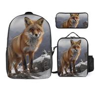 3 Piece Backpack for Women Men Lightweight Causal Daypack Shoulder Bag Set with Insulated Lunch Bag And Pencil Case Organizers Fox on Snowy Mountain