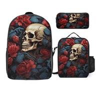 3 Piece Backpack for Women Men Lightweight Causal Daypack Shoulder Bag Set with Insulated Lunch Bag And Pencil Case Organizers Skull Image Poster