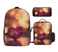 3 Piece Backpack for Women Men Lightweight Causal Daypack Shoulder Bag Set with Insulated Lunch Bag And Pencil Case Organizers Shining Heart, Style, One Size