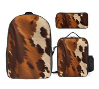 3 Piece Backpack for Women Men Lightweight Causal Daypack Shoulder Bag Set with Insulated Lunch Bag And Pencil Case Organizers Abstract Cow Skin