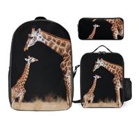 3 Piece Backpack for Women Men Lightweight Causal Daypack Shoulder Bag Set with Insulated Lunch Bag And Pencil Case Organizers Mother Baby Giraffe