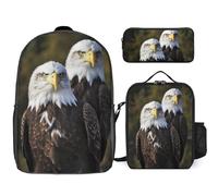 3 Piece Backpack for Women Men Lightweight Causal Daypack Shoulder Bag Set with Insulated Lunch Bag And Pencil Case Organizers White Head Eagle, Style, One Size
