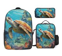 3 Piece Backpack for Women Men Lightweight Causal Daypack Shoulder Bag Set with Insulated Lunch Bag And Pencil Case Organizers Dolphins Sea Turtle Coral Reef