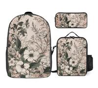 3 Piece Backpack for Women Men Lightweight Causal Daypack Shoulder Bag Set with Insulated Lunch Bag And Pencil Case Organizers Green And White Flowers
