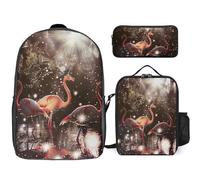 3 Piece Backpack for Women Men Lightweight Causal Daypack Shoulder Bag Set with Insulated Lunch Bag And Pencil Case Organizers Peach Flamingo Image