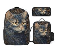 3 Piece Backpack for Women Men Lightweight Causal Daypack Shoulder Bag Set with Insulated Lunch Bag And Pencil Case Organizers Drawing of A Cat