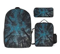 3 Piece Backpack for Women Men Lightweight Causal Daypack Shoulder Bag Set with Insulated Lunch Bag And Pencil Case Organizers Night And Trees