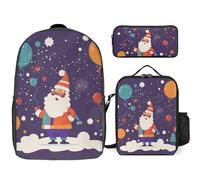 3 Piece Backpack for Women Men Lightweight Causal Daypack Shoulder Bag Set with Insulated Lunch Bag And Pencil Case Organizers Cartoon Happy Santa Claus