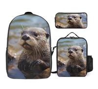 3 Piece Backpack for Women Men Lightweight Causal Daypack Shoulder Bag Set with Insulated Lunch Bag And Pencil Case Organizers Otter Playing In The Water