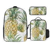 3 Piece Backpack for Women Men Lightweight Causal Daypack Shoulder Bag Set with Insulated Lunch Bag And Pencil Case Organizers Pineapple Collage Pattern
