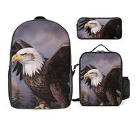 3 Piece Backpack for Women Men Lightweight Causal Daypack Shoulder Bag Set with Insulated Lunch Bag And Pencil Case Organizers Bald Eagle