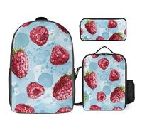3 Piece Backpack for Women Men Lightweight Causal Daypack Shoulder Bag Set with Insulated Lunch Bag And Pencil Case Organizers Light Strawberry Pattern